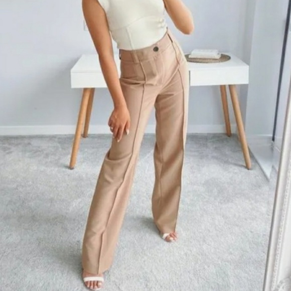 Zara woman’s blogger favorite tan camel wide leg dress trousers pants - Picture 3 of 10